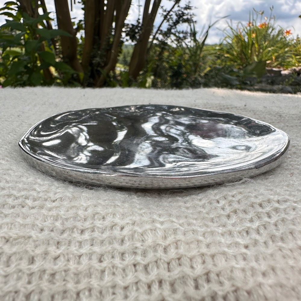 TAG Hammered Aluminum Trinket Dish Oval Organic Modern Silver Catchall Decor